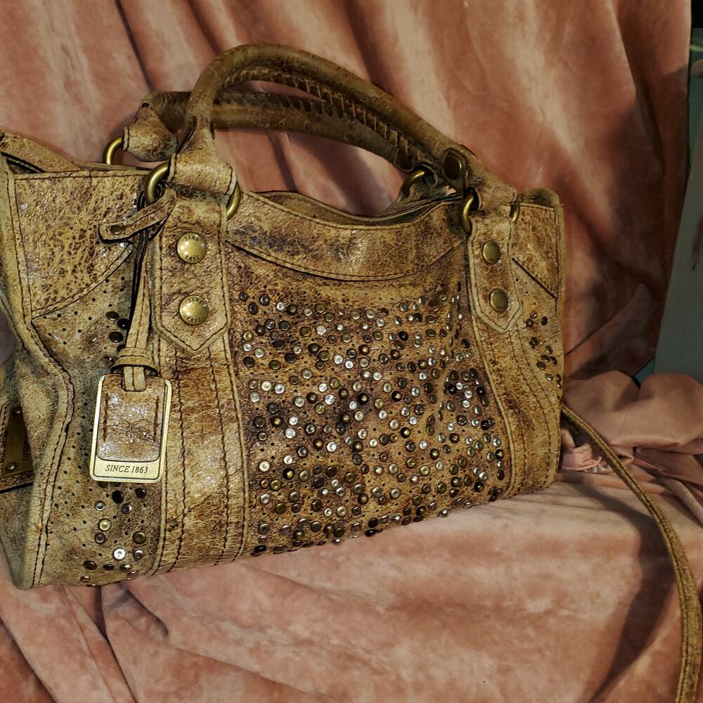 Frye Deborah Distressed Studded Leather Boho Satchel Hobo Bag